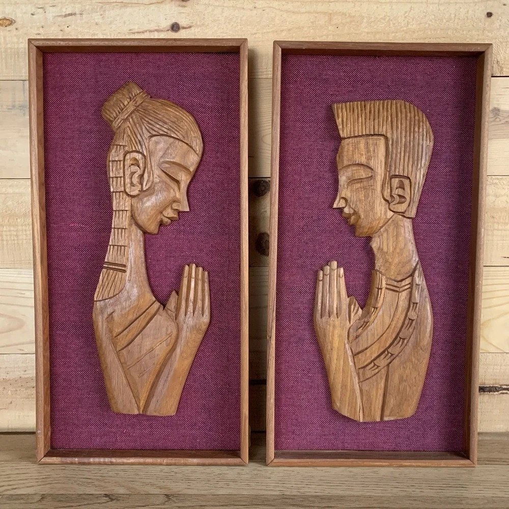 2 Wall Art Hangings Namaste Lady Man Praying Carved Wood Teak VTG Tribal African